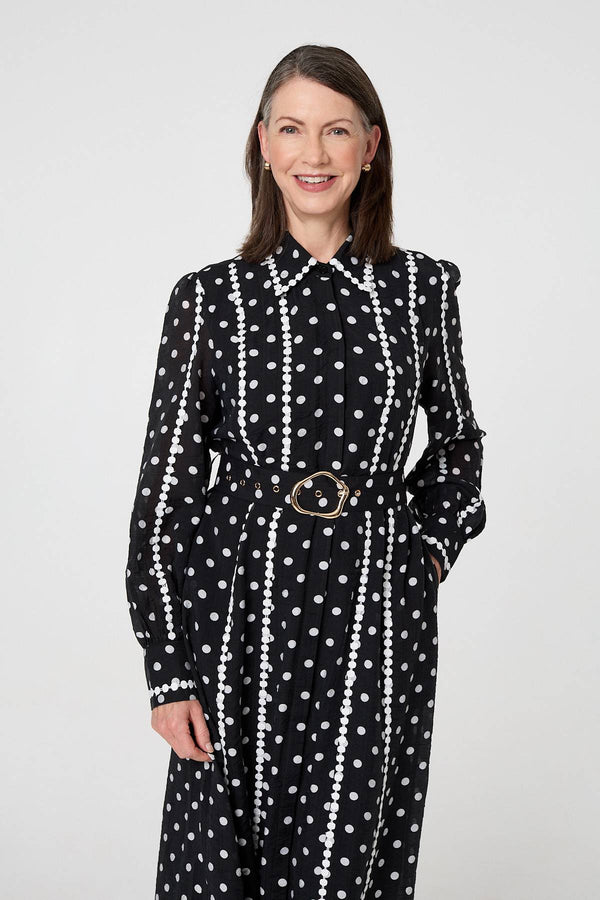 Black | Polka Dot Belted Maxi Shirt Dress
