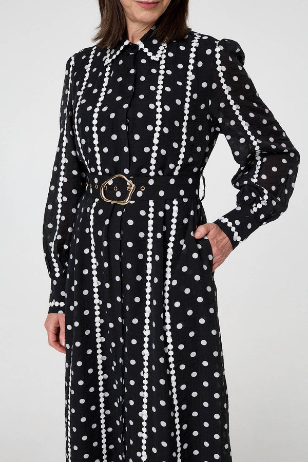 Black | Polka Dot Belted Maxi Shirt Dress
