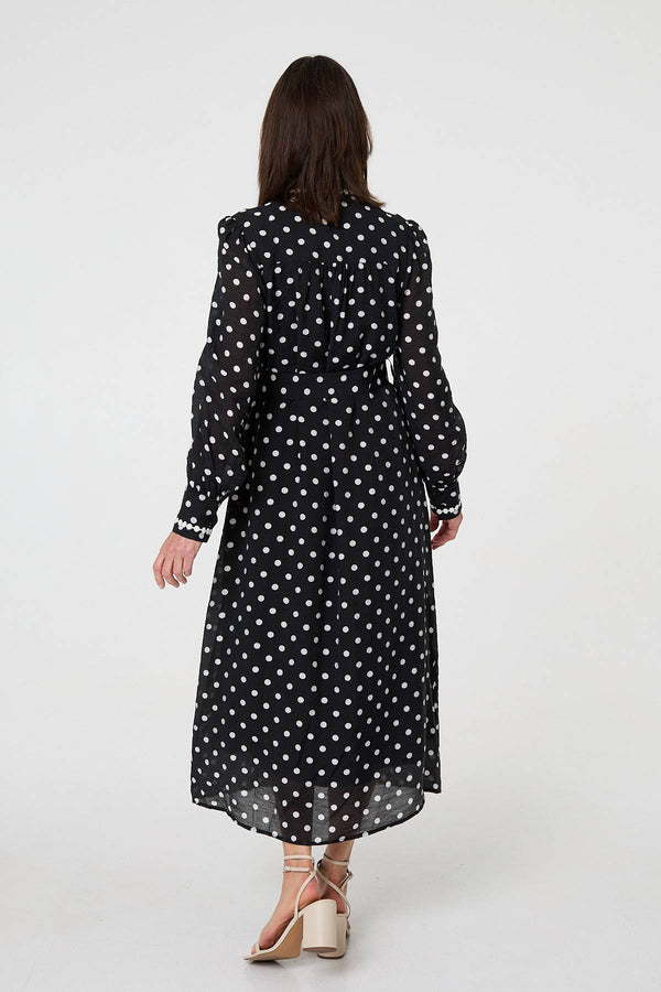 Black | Polka Dot Belted Maxi Shirt Dress

