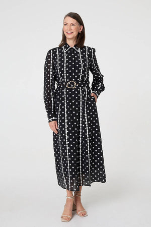 Black | Polka Dot Belted Maxi Shirt Dress
