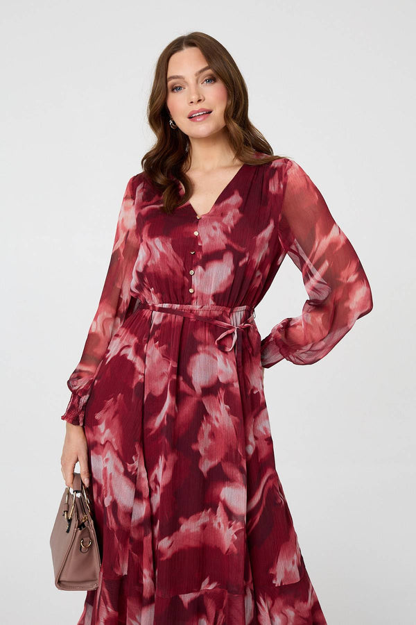 Burgundy | Abstract Floral Semi Sheer Midi Dress