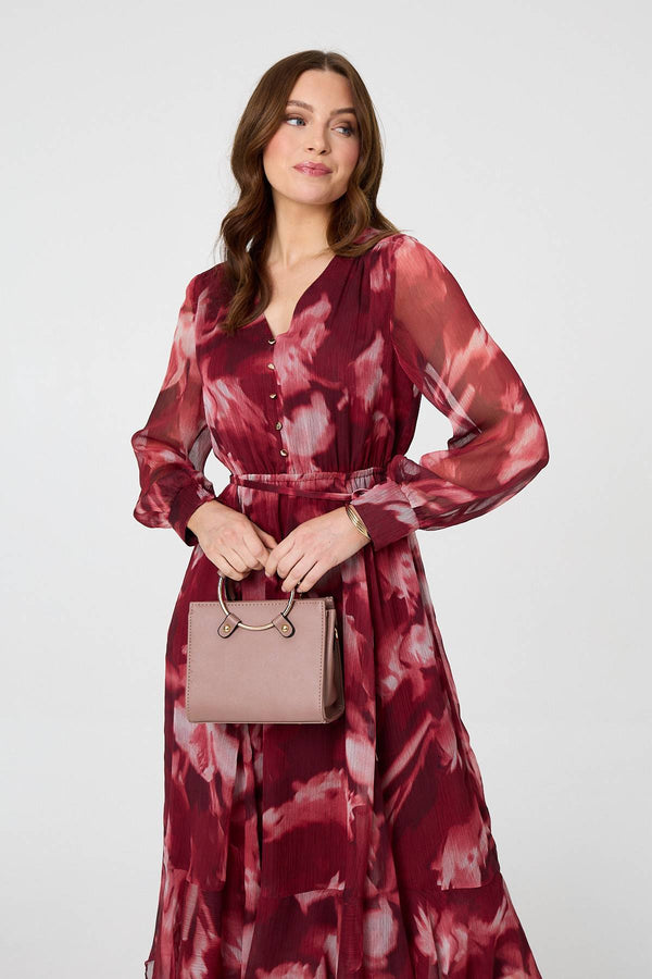Burgundy | Abstract Floral Semi Sheer Midi Dress
