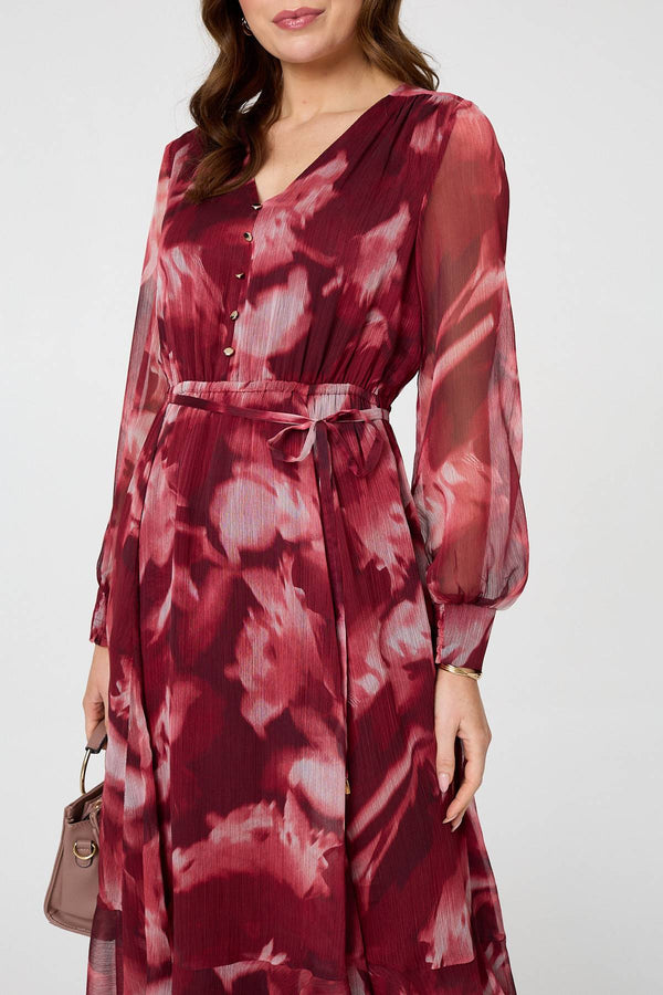 Burgundy | Abstract Floral Semi Sheer Midi Dress
