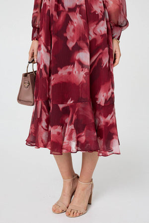 Burgundy | Abstract Floral Semi Sheer Midi Dress