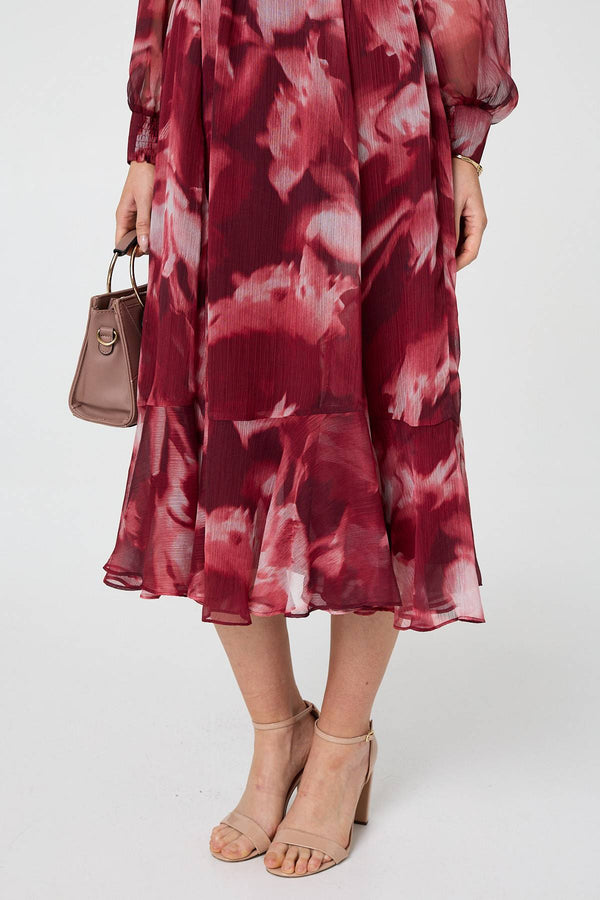 Burgundy | Abstract Floral Semi Sheer Midi Dress