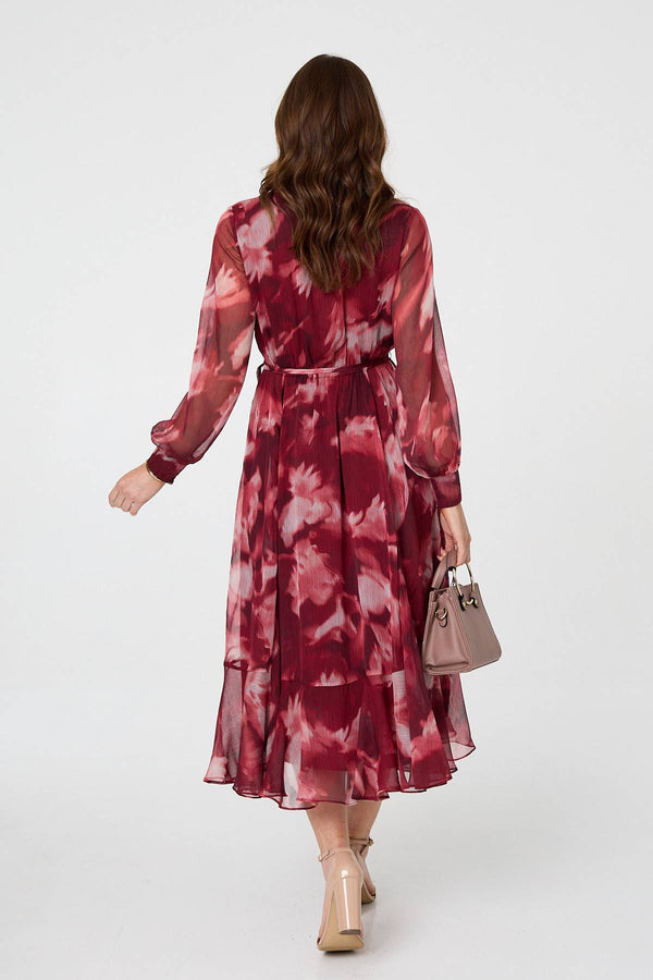 Burgundy | Abstract Floral Semi Sheer Midi Dress