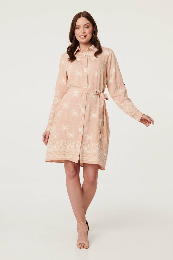 Pink | Floral Knee Length Tie Waist Shirt Dress