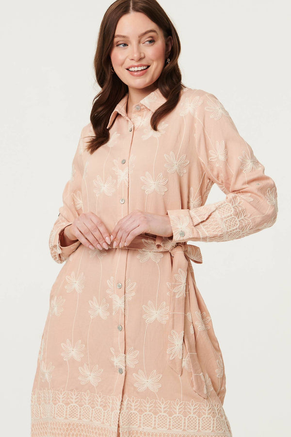 Pink | Floral Knee Length Tie Waist Shirt Dress