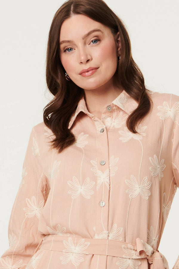 Pink | Floral Knee Length Tie Waist Shirt Dress