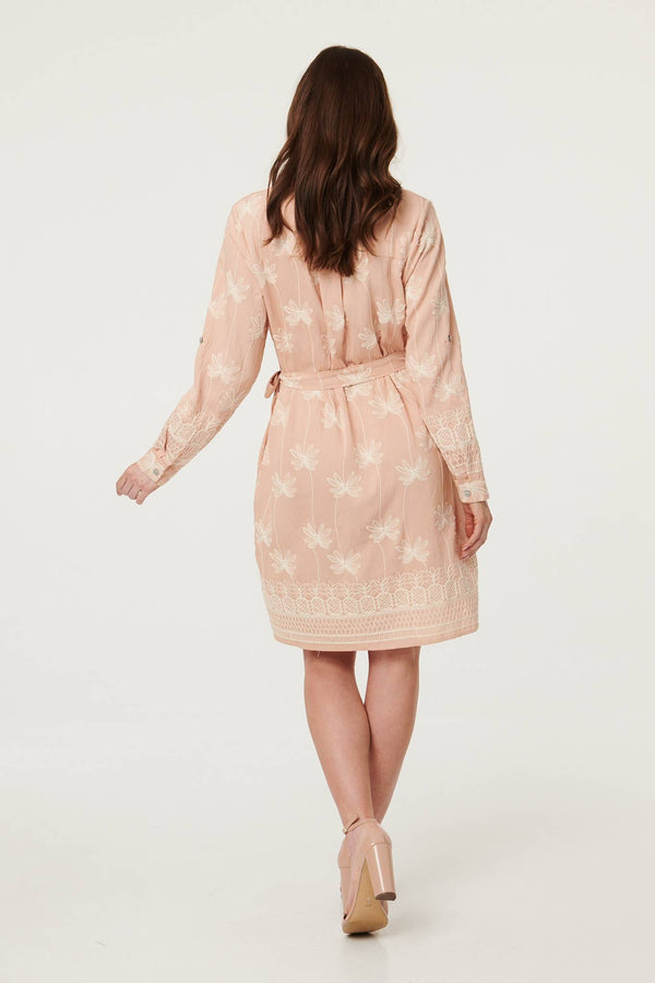 Pink | Floral Knee Length Tie Waist Shirt Dress