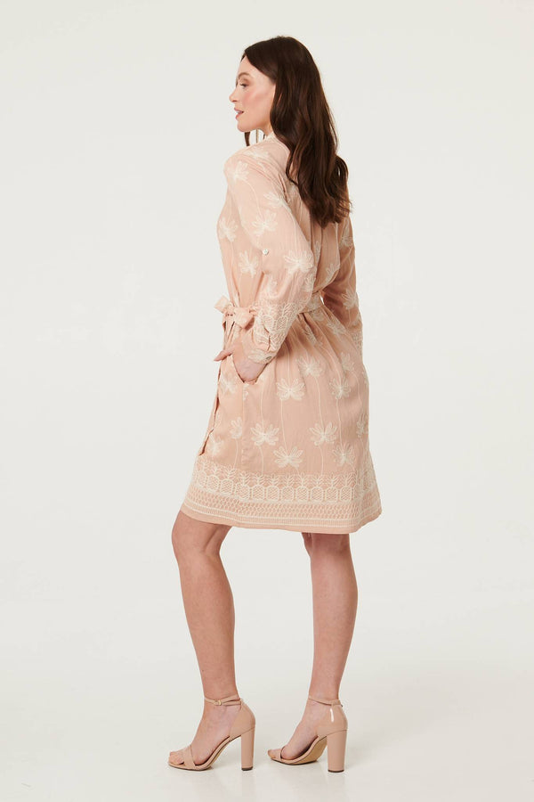 Pink | Floral Knee Length Tie Waist Shirt Dress
