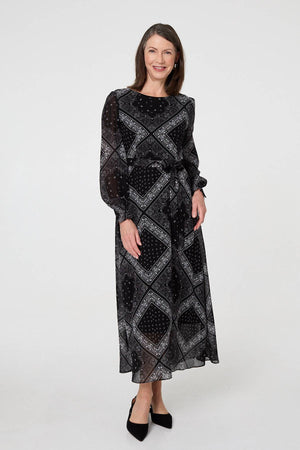Black | Printed Long Sleeve Maxi Dress with Belt
