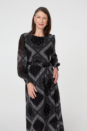 Black | Printed Long Sleeve Maxi Dress with Belt
