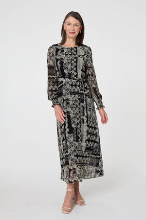 Black | Floral Patchwork Print Long Dress
