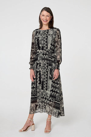 Black | Floral Patchwork Print Long Dress
