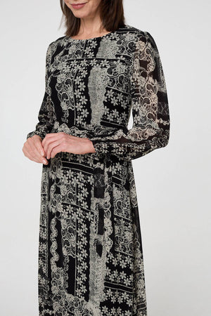 Black | Floral Patchwork Print Long Dress
