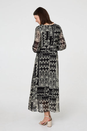 Black | Floral Patchwork Print Long Dress
