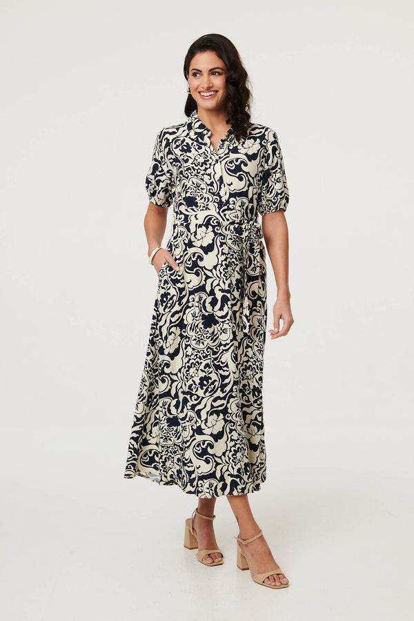 Navy | Printed 1/2 Puff Sleeve Midi Shirt Dress
