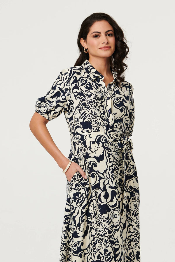 Navy | Printed 1/2 Puff Sleeve Midi Shirt Dress

