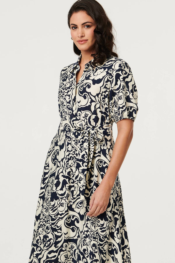 Navy | Printed 1/2 Puff Sleeve Midi Shirt Dress
