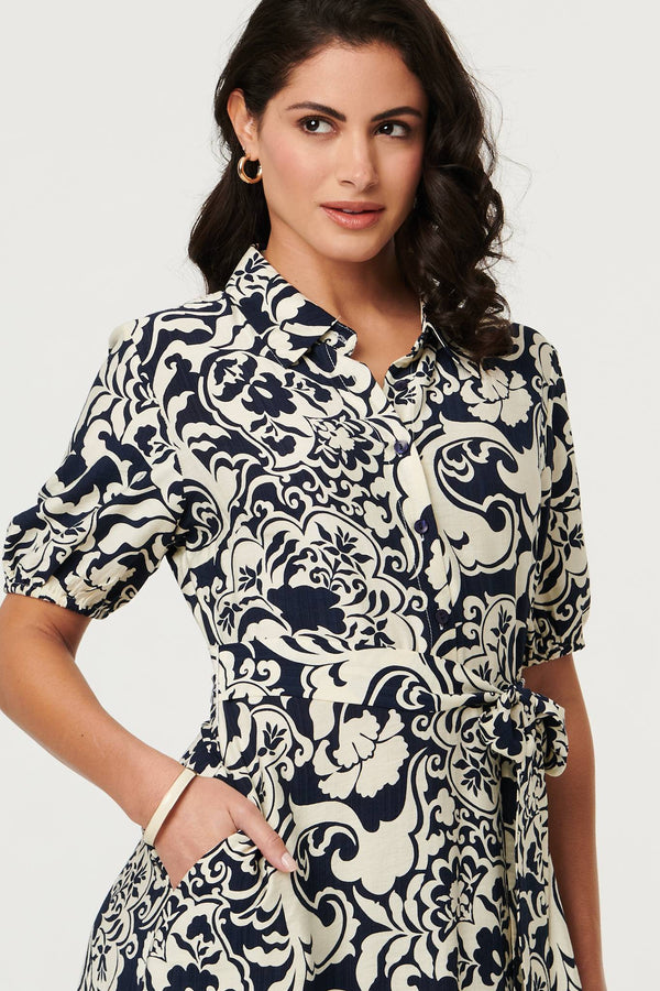 Navy | Printed 1/2 Puff Sleeve Midi Shirt Dress
