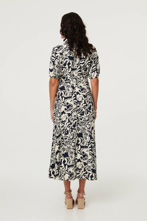 Navy | Printed 1/2 Puff Sleeve Midi Shirt Dress
