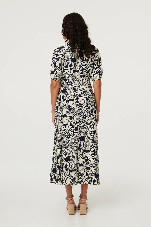 Navy | Printed 1/2 Puff Sleeve Midi Shirt Dress
