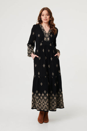 Black | Border Print Long Sleeve Maxi Dress : Model is 5'9
