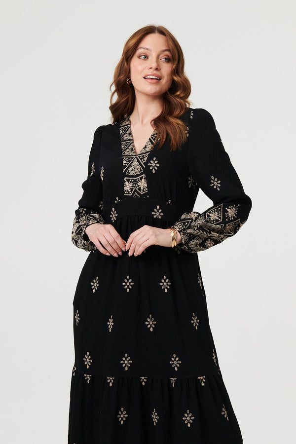 Black | Border Print Long Sleeve Maxi Dress