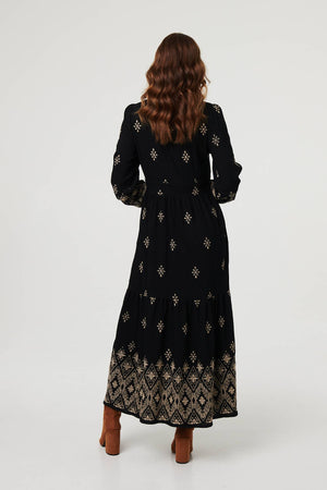 Black | Border Print Long Sleeve Maxi Dress