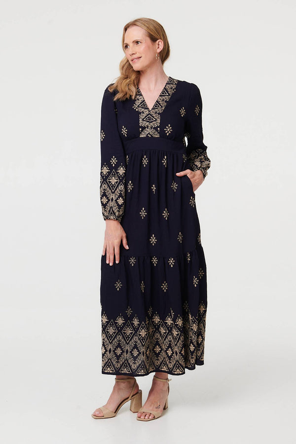 Navy | Border Print Long Sleeve Maxi Dress