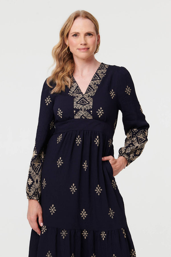 Navy | Border Print Long Sleeve Maxi Dress