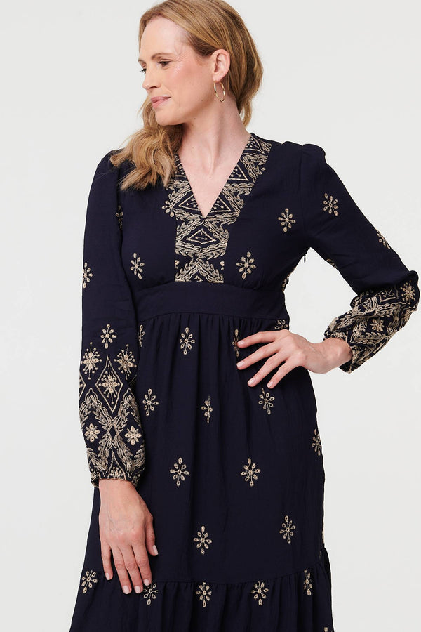 Navy | Border Print Long Sleeve Maxi Dress