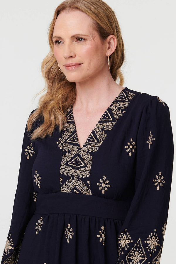 Navy | Border Print Long Sleeve Maxi Dress