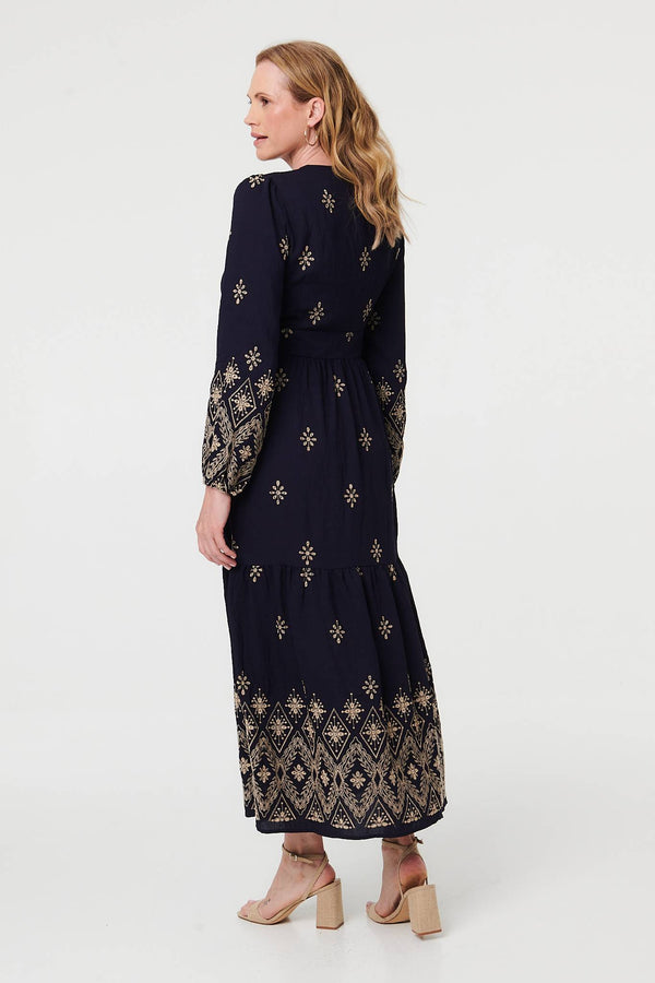 Navy | Border Print Long Sleeve Maxi Dress