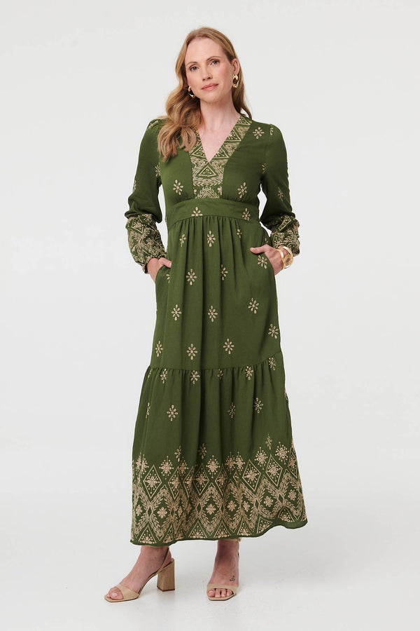 Sage | Border Print Long Sleeve Maxi Dress