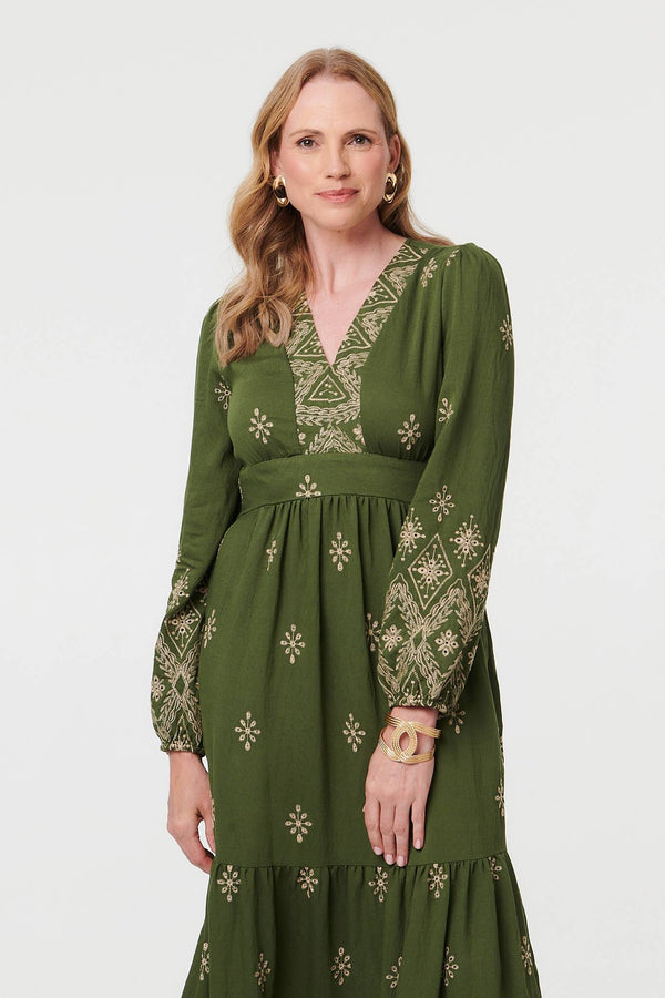 Sage | Border Print Long Sleeve Maxi Dress