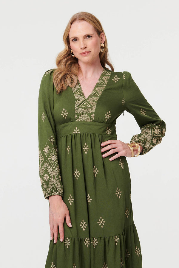 Sage | Border Print Long Sleeve Maxi Dress
