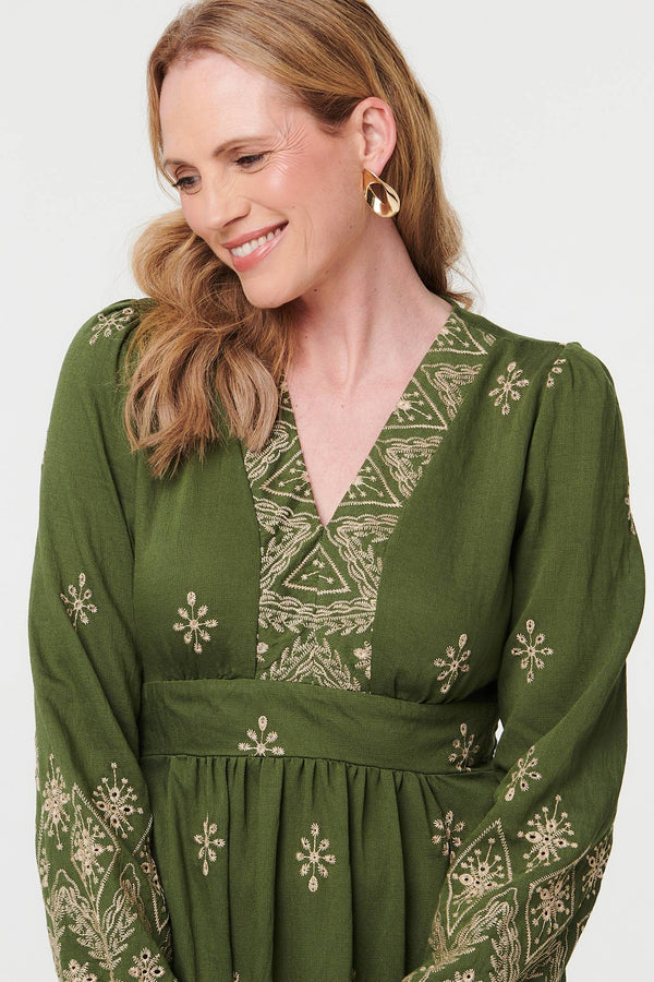 Sage | Border Print Long Sleeve Maxi Dress