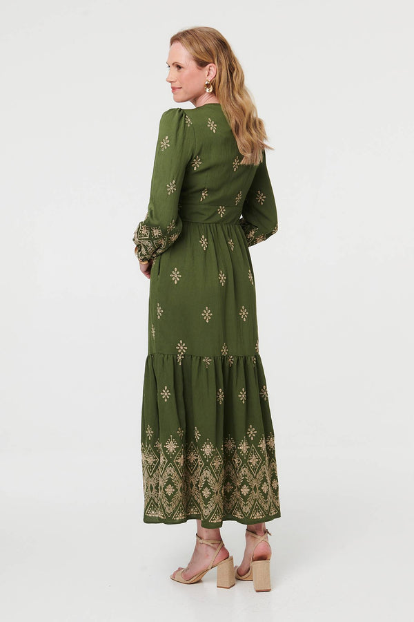 Sage | Border Print Long Sleeve Maxi Dress