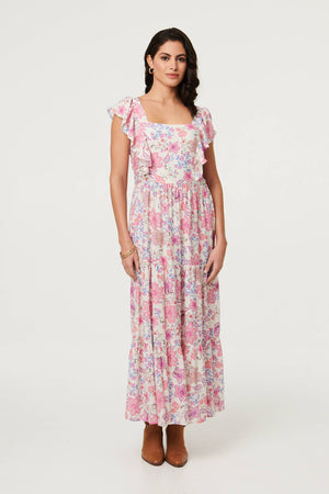 Pink | Floral Ruffled Cap Sleeve Maxi Dress