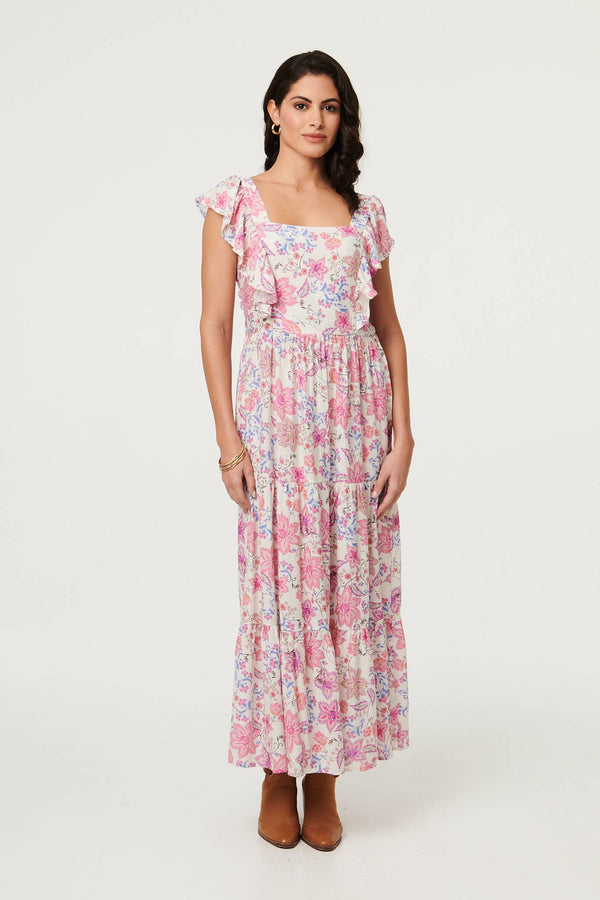Pink | Floral Ruffled Cap Sleeve Maxi Dress