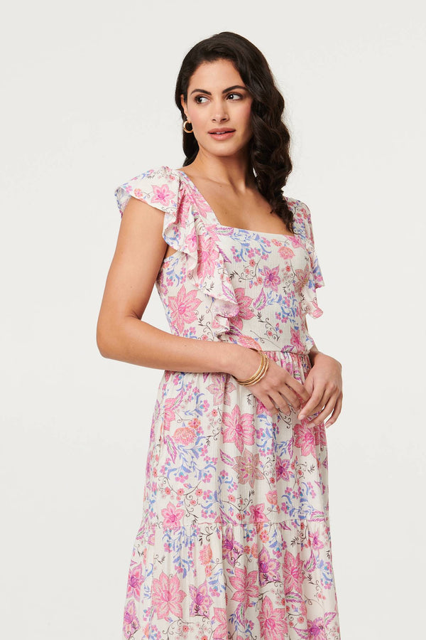 Pink | Floral Ruffled Cap Sleeve Maxi Dress