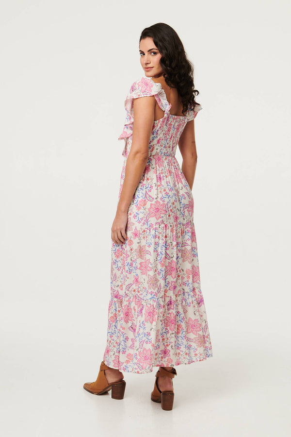 Pink | Floral Ruffled Cap Sleeve Maxi Dress