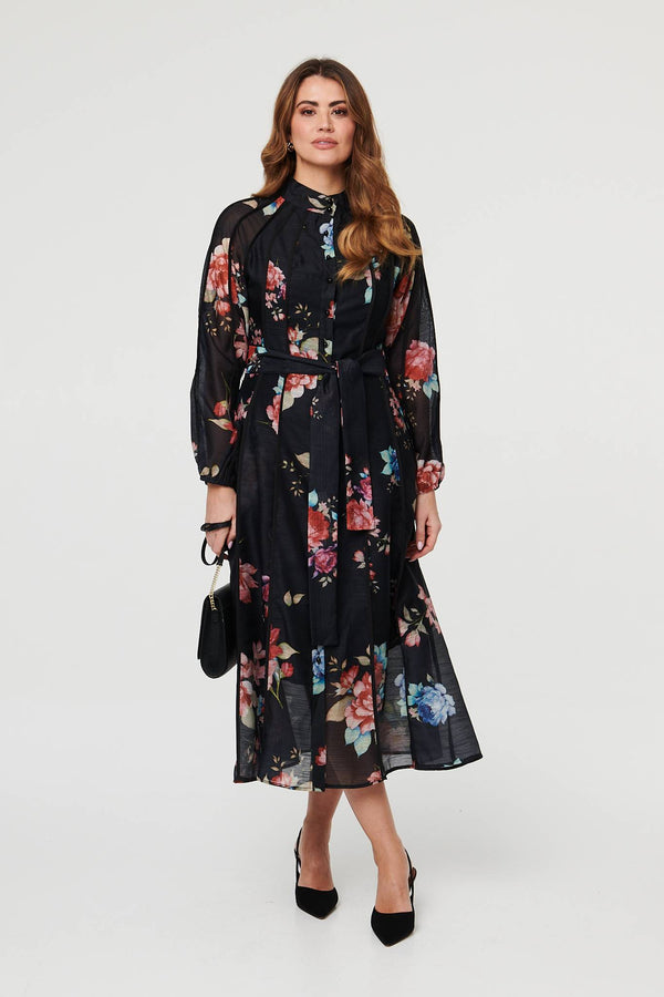 Black | Floral Semi Sheer Tie Waist Midi Dress
