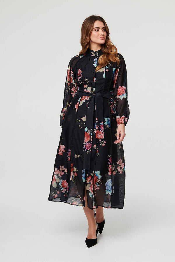 Black | Floral Semi Sheer Tie Waist Midi Dress
