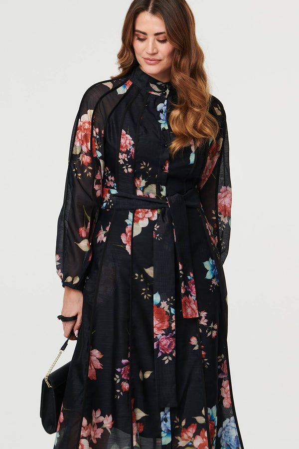 Black | Floral Semi Sheer Tie Waist Midi Dress
