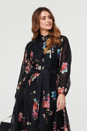 Black | Floral Semi Sheer Tie Waist Midi Dress
