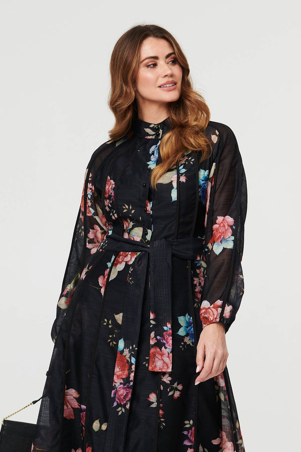 Black | Floral Semi Sheer Tie Waist Midi Dress
