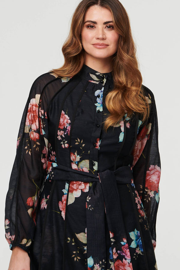Black | Floral Semi Sheer Tie Waist Midi Dress
